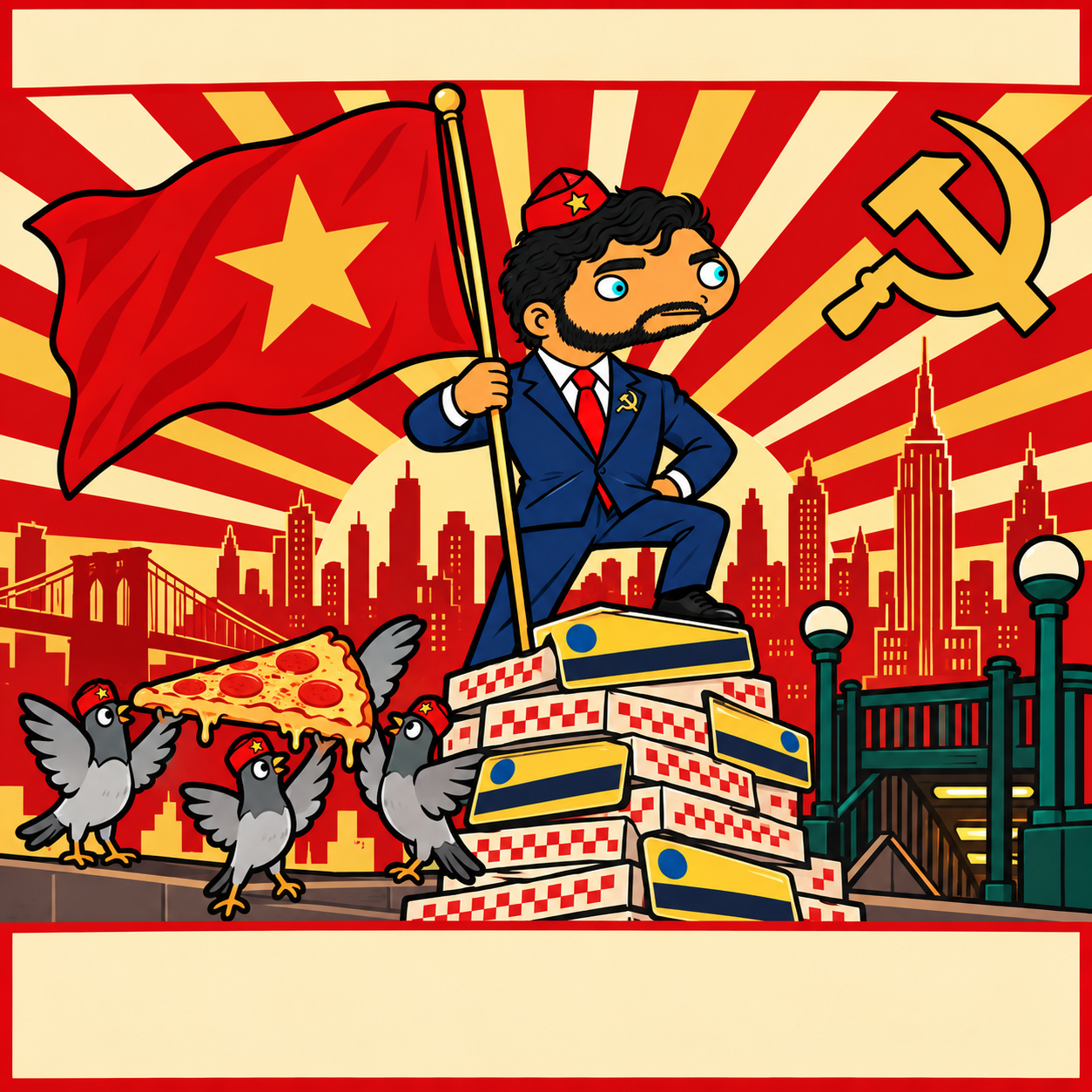 Commdani holds a red flag above subway cards while worker pigeons share pizza