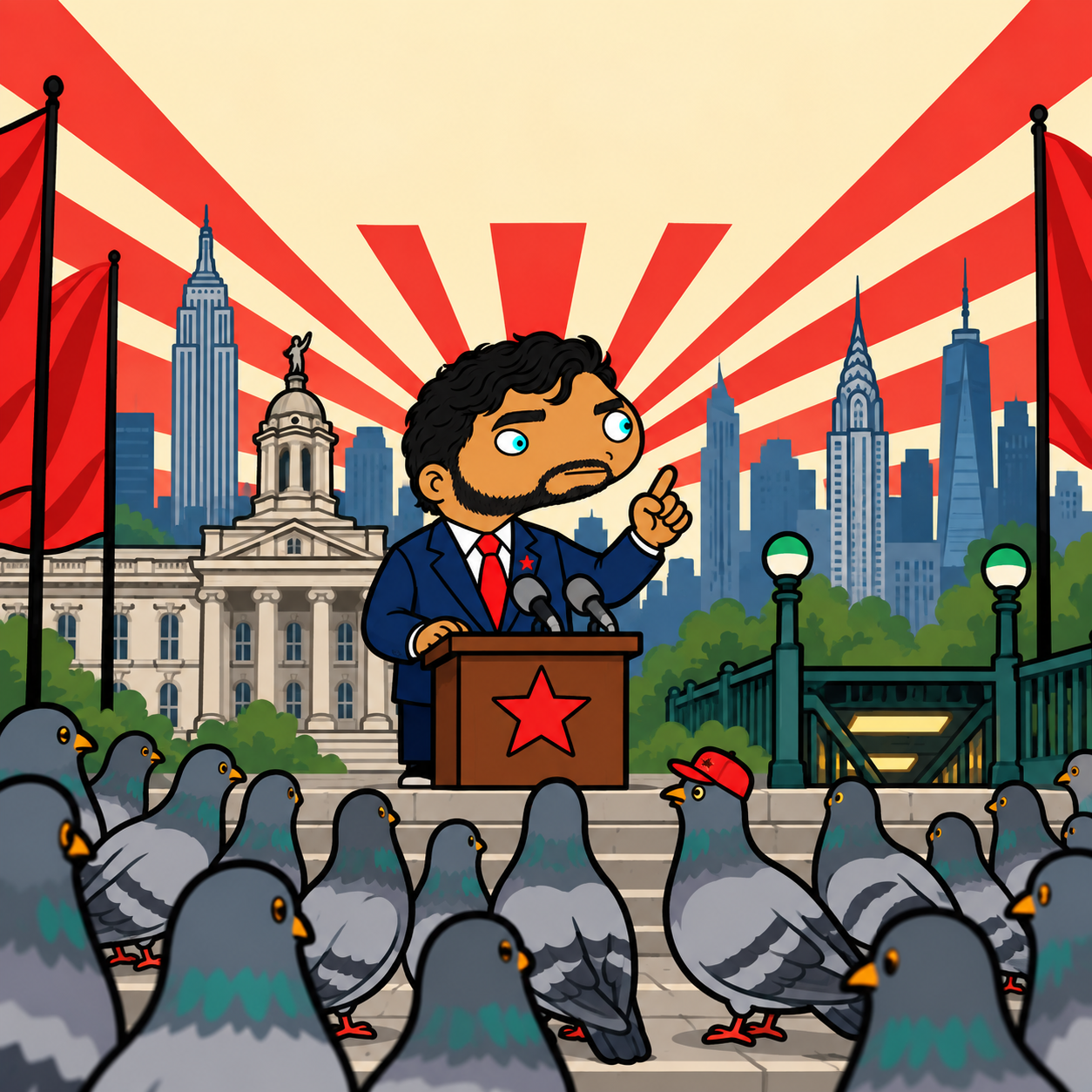 Commdani addresses a crowd of pigeons at a parody city hall podium